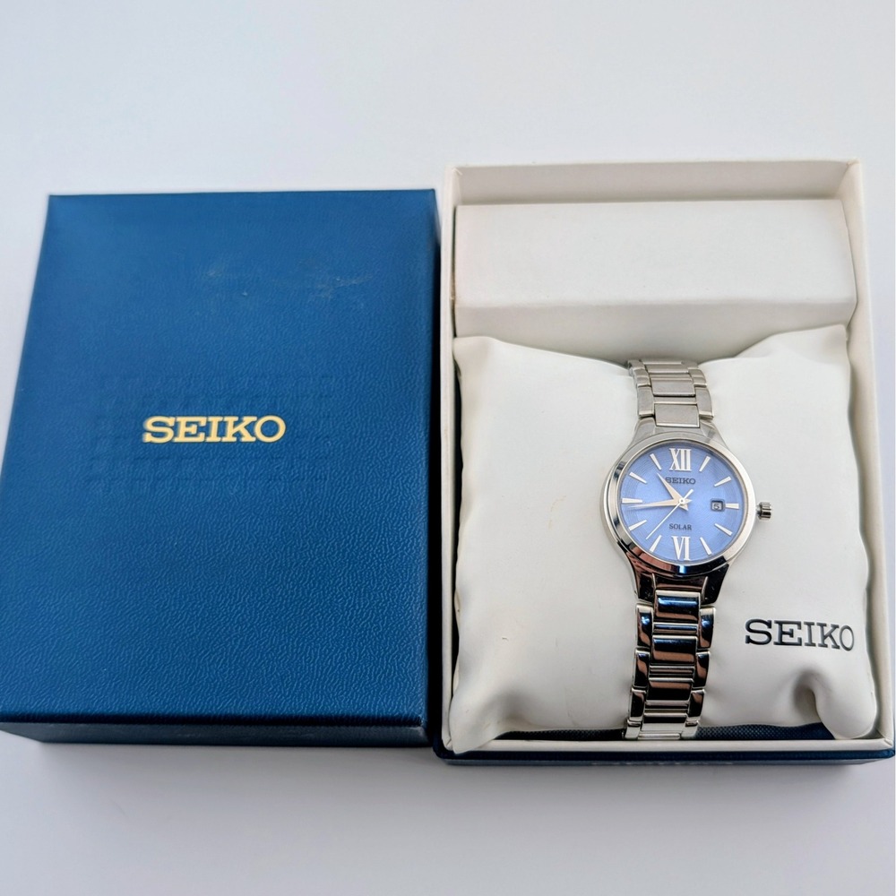 Seiko Solar V137-0BH0 Women's Watch Blue Guilloche Dial Date Stainless Steel Box